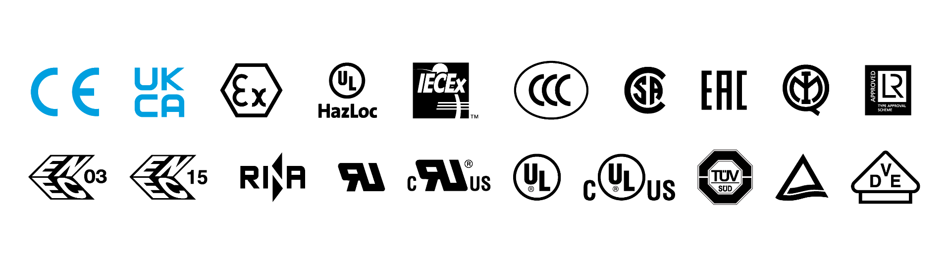 Certificações Finder: CE, UKCA, ATEX, UL HazLoc, IECEx, CCC, CSA, EAC, IMQ, Lloyd's, ENEC, RINA, cULus, TÜV SÜD, VDE