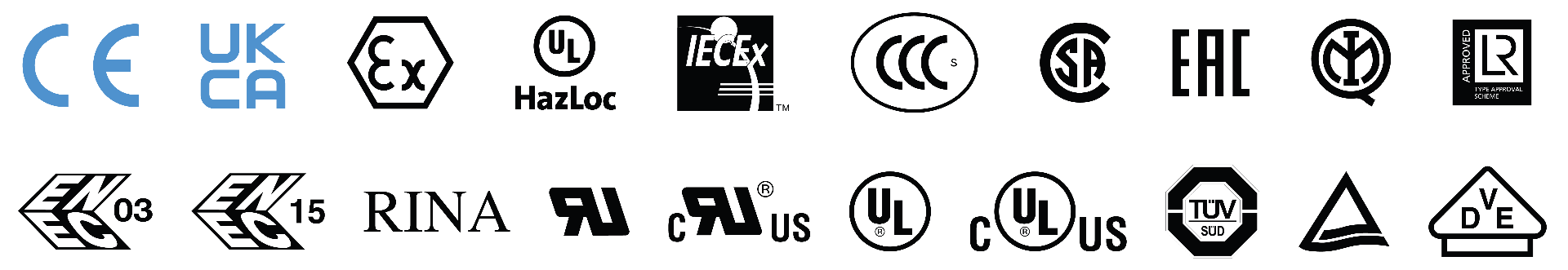 Certificações Finder: CE, UKCA, ATEX, UL HazLoc, IECEx, CCC, CSA, EAC, IMQ, Lloyd's, ENEC, RINA, cULus, TÜV SÜD, VDE
